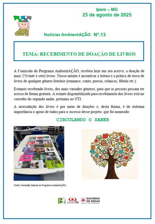 Campanha visual - Qualidade de Vida pelo incentivo à leitura- Cantinho do livro no IPEM